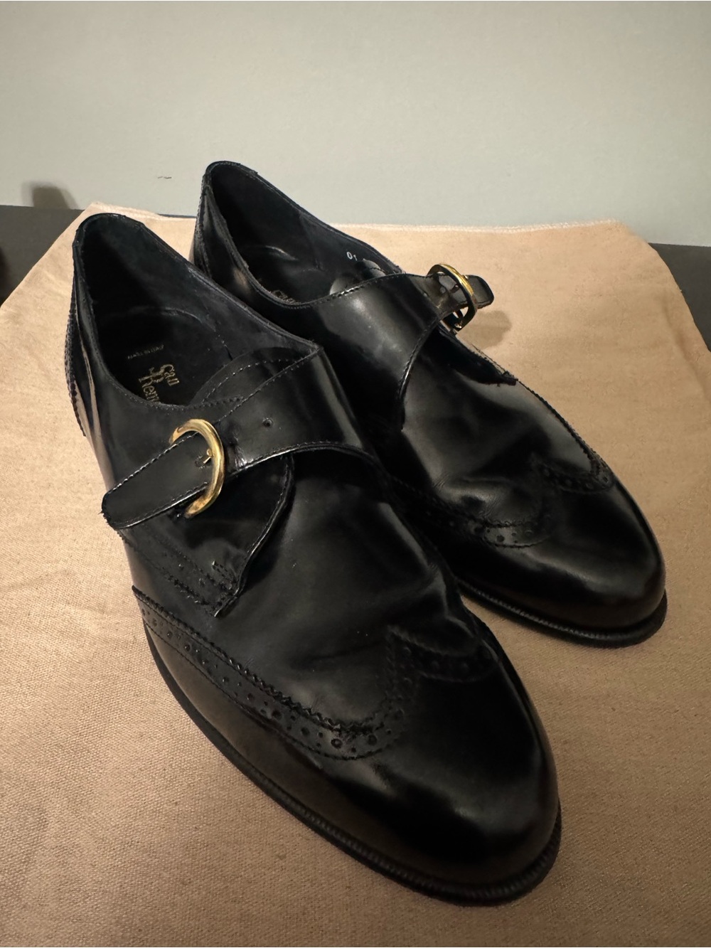 Black Leather Monk Strap Flats with Gold Buckle